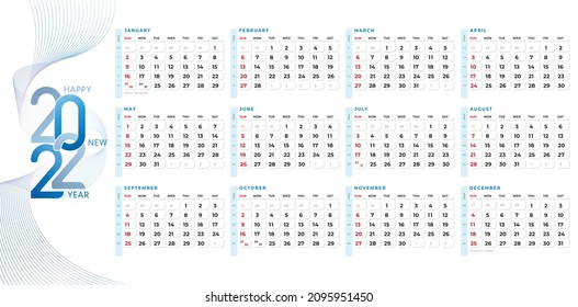 Calendario para el diseño de plantillas de 2022. con forma de patrón de línea ondulada y diseño limpio para empresas, plantilla de planificador de diseño corporativo. La semana empieza el domingo. Conjunto de 12 meses. Listo para papel imprimible.