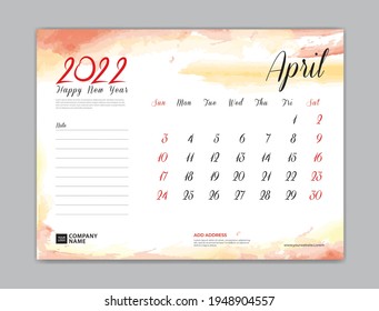 Calendar 2022 template, Desk Calendar 2022 template, April month design, week start on sunday, Wall calendar, planner, stationery, Printing template, organizer office, Red watercolor background