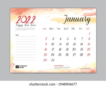 Calendar 2022 template, Desk Calendar 2022 template, January nmonth design, week start on sunday, Wall calendar, planner, stationery, Printing template, organizer office, Red watercolor background