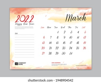 Calendar 2022 template, Desk Calendar 2022 template, March month design, week start on sunday, Wall calendar, planner, stationery, Printing template, organizer office, Red watercolor background