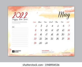 Calendar 2022 template, Desk Calendar 2022 template, May month design, week start on sunday, Wall calendar, planner, stationery, Printing template, organizer office, Red watercolor background