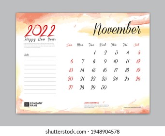 Calendar 2022 template, Desk Calendar 2022 template, November month design, week start on sunday, Wall calendar, planner, stationery, Printing template, organizer office, Red watercolor background