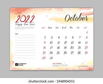 Calendar 2022 template, Desk Calendar 2022 template, October month design, week start on sunday, Wall calendar, planner, stationery, Printing template, organizer office, Red watercolor background