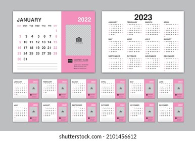 Calendar 2022 template, Desk Calendar planner 2022 and Set of 12 Months and calendar 2023 design, Wall calendar 2022 vector, Corporate design planner template, organization, printing, pink background