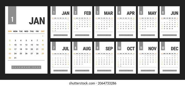 Calendar 2022 Template Flat Design. Desk Calendar Design Week Starts on Sunday. Set of 12 Months Vector Illustrations - EPS 10 Vector