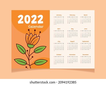 Plantilla de Calendario 2022 con tema floral. Plantilla de calendario natural.