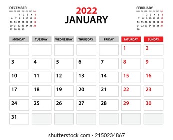 Calendar 2022 template, January 2022 year, planner template, monthly and yearly planners, week start monday, wall calendar design, corporate planner, Desk calendar 2022, printing, vector
