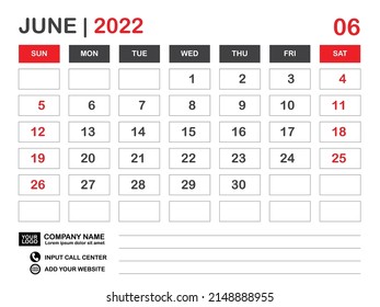 Calendar 2022 template, June 2022 layout, Desk calendar 2022 year, Wall calendar design, Week starts on sunday, Planner, Printing media, poster, organizer, advertisement, Red background, vector