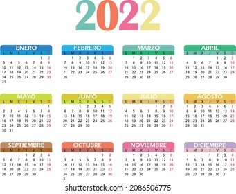 Calendar 2022 template many colors. Monthly design Vector. Week start on Monday. Spanish version
