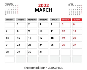 Calendar 2022 template, March 2022 year, planner template, monthly and yearly planners, week start monday, wall calendar design, corporate planner, Desk calendar 2022, printing, vector