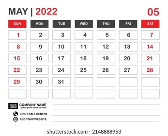 Calendar 2022 template, May 2022 layout, Desk calendar 2022 year, Wall calendar design, Week starts on sunday, Planner, Printing media, poster, organizer, advertisement, Red background, vector