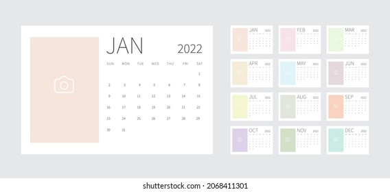 Calendar 2022 template. Minimal design. Calendar template design with place for photo. Week Starts Sunday. Vector illustration