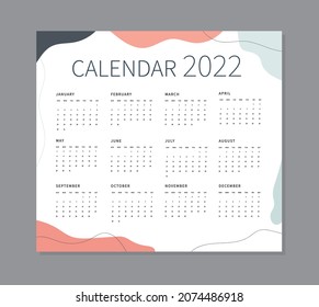 Calendar 2022 template. Minimal design. Starts Sunday. Trendy editable. Vector illustration