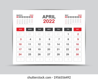 Calendar 2022 template minimal style, April month artwork, Desk calendar 2022 year, Wall calendar. Week starts on Monday, Planner, Printing media, poster, advertisement, Red background, vector