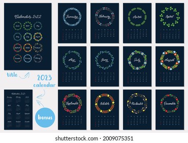 Calendar 2022 template. Monthly calendar 2022 decorated with hand lettered names of months of the year on background of beautiful floral circle frames. Bonus - 2023 calendar. Vector 10 EPS.