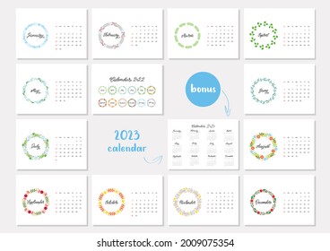 Calendar 2022 template. Monthly calendar 2022 decorated with hand lettered names of months of the year on background of beautiful floral circle frames. Bonus - 2023 calendar. Vector 10 EPS.