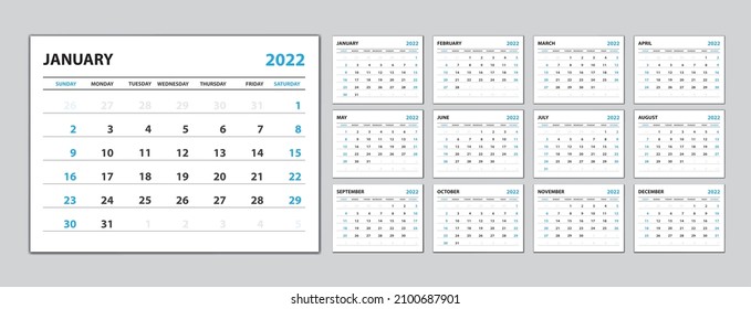 Calendar 2022 template, Monthly calendar template for 2022 year. Week starts on Monday. Desk Calendar 2022 template set, Planner simple, Wall calendar in a minimalist style, White and blue background