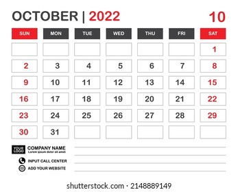 Calendar 2022 template, October 2022 layout, Desk calendar 2022 year, Wall calendar design, Week starts on sunday, Planner, Printing media, poster, organizer, advertisement, Red background, vector