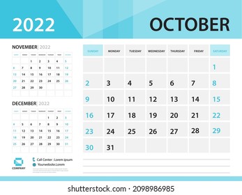 Plantilla Calendario 2022, Octubre 2022 año, Calendario de escritorio 2020 vector, Color azul, Inicio de semana el domingo, Diseño de calendario de pared, ejemplo Planner, Stationery, Poster, medios de impresión, Tamaño : 8 x 6 pulgadas