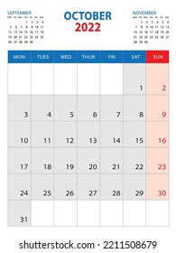 Calendar 2022 template - October 2022 year, week start on monday, Wall calendar 2022 design, Desk calendar template, corporate planner, Stationery, organizer diary, printing media, vector