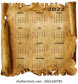 Calendar 2022 template on old paper background. Week starts on Sunday, holidays in red colors. Vector illustration.