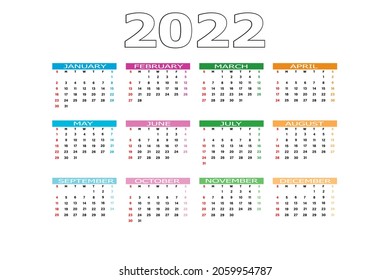 Calendar 2022 template on a white background. Week starts on Sunday, holidays in red colors. Vector illustration.
