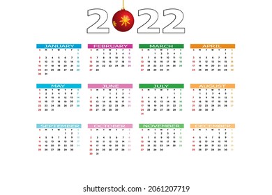 Calendar 2022 template on a white background. Week starts on Sunday, holidays in red colors. Vector illustration.