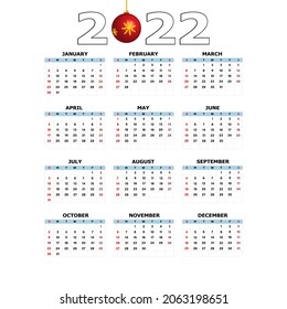 Calendar 2022 template on a white background. Week starts on Sunday, holidays in red colors. Vector illustration.