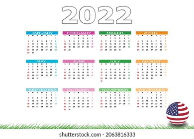 Calendar 2022 template on a white background. Week starts on Sunday, holidays in red colors. Vector illustration.