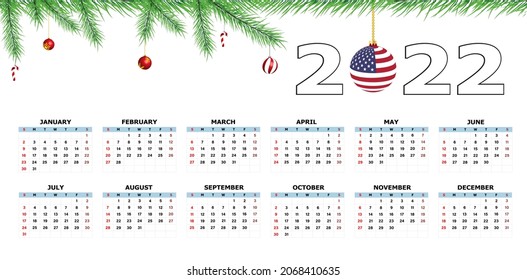 Calendar 2022 template on a white background. Week starts on Sunday, holidays in red colors. Vector illustration.