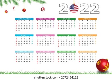 Calendar 2022 template on a white background. Week starts on Sunday, holidays in red colors. Vector illustration.