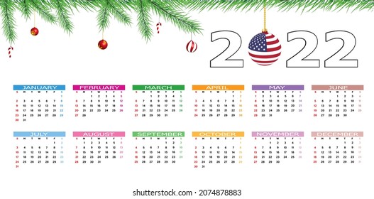 Calendar 2022 template on a white background. United States of America flag on a decorative ball. Week starts on Sunday, holidays in red colors. Vector illustration.