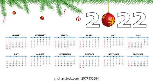 Calendar 2022 template on a white background. Week starts on Sunday, holidays in red colors. Vector illustration.