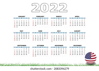 Calendar 2022 template on a white background. Week starts on Sunday, holidays in red colors. Vector illustration.