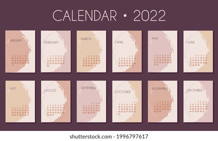 Calendar 2022 template, pink, beige and violet desk calendar design, week start On Monday, planner, stationery, wall calendar. Vector illustration