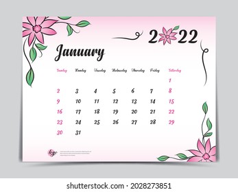 Calendar 2022 template with pink flowers background, January 2022 template, Monthly calendar with flora natural patterns, Desk calendar design, Wall Calendar design, Planner, simple, vector eps10