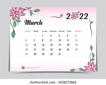 Calendar 2022 template with pink flowers background, March 2022 template, Monthly calendar with flora natural patterns, Desk calendar design, Wall Calendar design, Planner, simple, vector eps10
