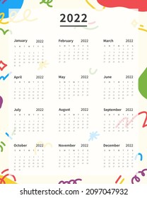 Calendar 2022 template. 2022 calendar planner template. Week starts on sunday. Vector illustration.