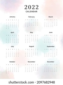 Calendar 2022 template. 2022 calendar planner template. Week starts on sunday. Vector illustration.