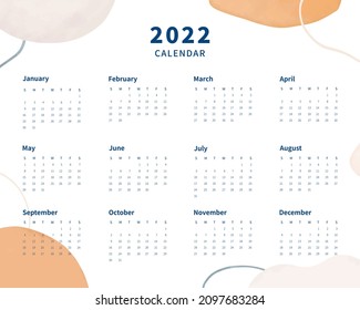 Calendar 2022 template. 2022 calendar planner template. Week starts on sunday. Vector illustration.