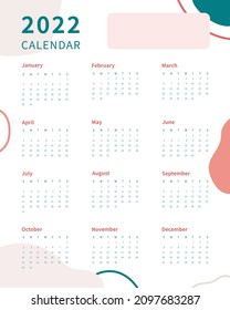 Calendar 2022 template. 2022 calendar planner template. Week starts on sunday. Vector illustration.