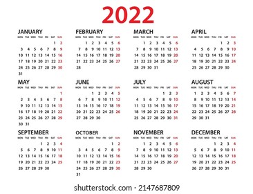 Calendar 2022 template, Planner 2022 year, Wall calendar 2022 template, Week Starts Monday, Set of 12 calendar, advertisement, printing, organization and business, stationery, simple minimal.