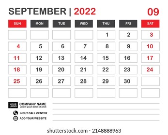 Kalendervorlage 2022, Layout September 2022, Schreibtischkalender 2022 Jahr, Wandkalender-Design, Woche beginnt am Sonntag, Planner, Druckmedien, Poster, Organisator, Werbung, roter Hintergrund, Vektorgrafik