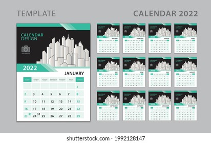 Calendar 2022 template, Set Desk Calendar design with Place for Photo and Company Logo. Wall calendar. Week Starts on Sunday. wall calendar 2022 year, Set of 12 Months.