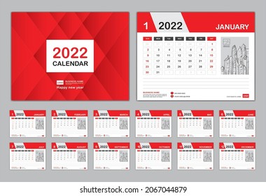 Calendar 2022 Template, Set Desk Calendar 2022 design, Set of 12 Months, Planner, wall Calendar design, Week starts on Monday, Red Cover design, poster, advertisement, professional Business template