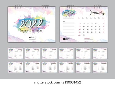 Calendar 2022 template set on colorful watercolor background and cover design, Desk Calendar 2022 template, Week Starts on Sunday, planner, stationery, Printing media, organizer office, diary, vector
