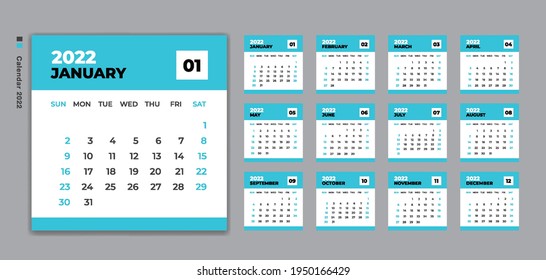 Calendar 2022 template vector, Desk Calendar design, Wall calendar, Week Starts on Sunday. Set of 12 Months, planner 2022 template, Blue background, 
