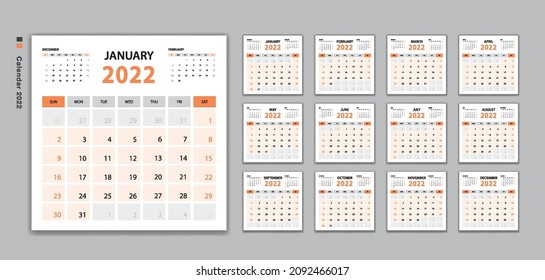 Vector de plantilla de Calendario 2022, diseño de Calendario de Escritorio 2022, Calendario de pared, Semana empieza el domingo. Juego de 12 meses, planner 2022 plantilla, medios de impresión, publicidad, estilo mínimo