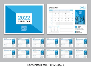 Vector de plantilla Calendar 2021, Feliz año nuevo 2022, calendario Set Desk 2021, estilo moderno Planner, diseño de calendario Wall, inicio de semana el domingo, Conjunto de 12 meses, diseño de cubierta azul. papelería del organizador 
