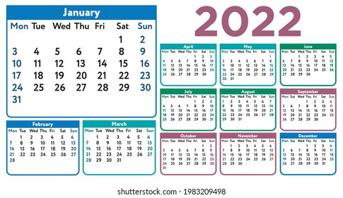Calendar 2022 template Vector illustration isolated on white background Set of tear-off sheets for monthly date planner 